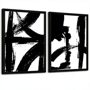 Abstract Modern Minimalist Line Black White Canvas Wall Art Decor 12x16 Inch Wood Framed Set of 2 for Living Room Bedroom